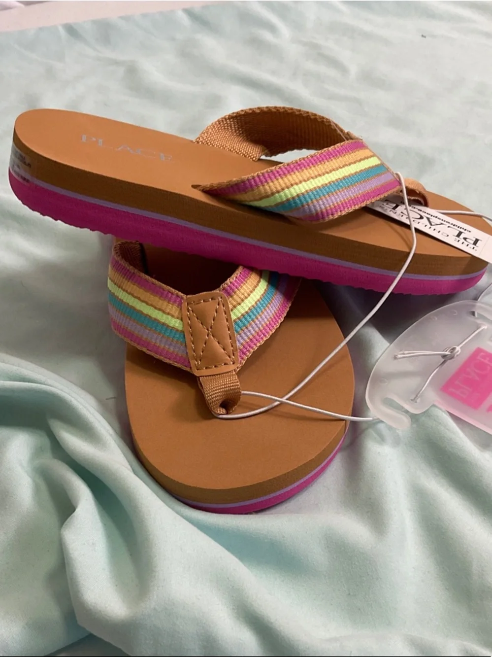 The Children's Place Tan Flip Flops with Rainbow Stripe Straps